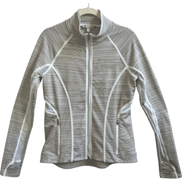 Athleta Elation Full-Zip Powervita Jacket grey ivory Small Yoga Studio - Picture 6 of 13
